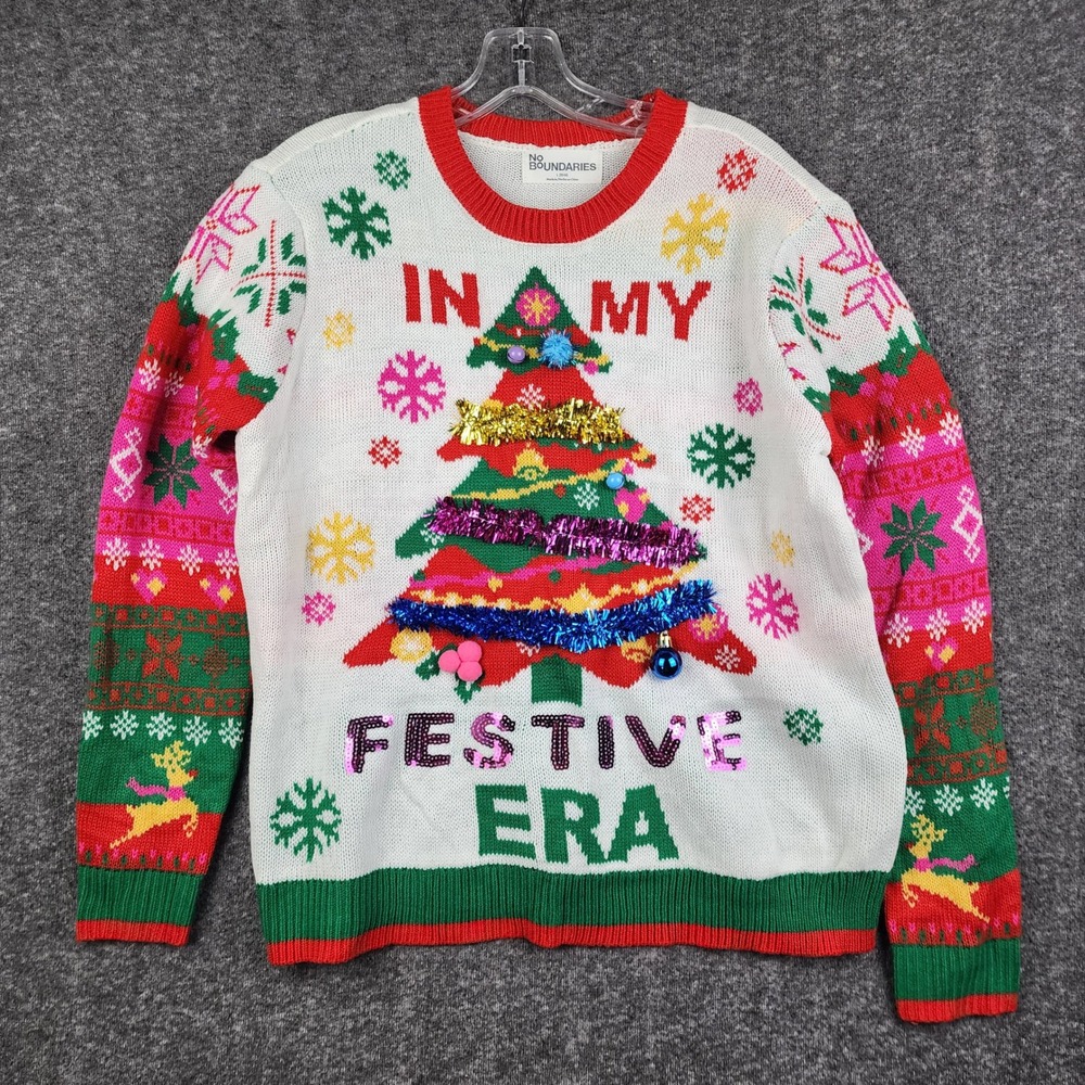 No Boundaries Ugly Christmas Sweater Womens‎ L White In My Festive Era Tinsel 3D